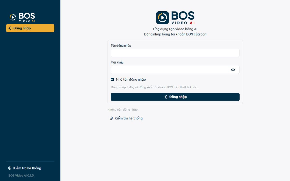 Màn hình đăng nhập BOS Video AI