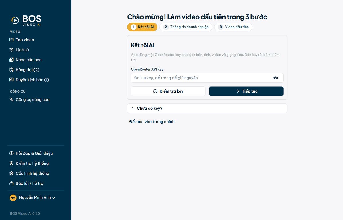 Trợ lý thiết lập, bước kết nối AI