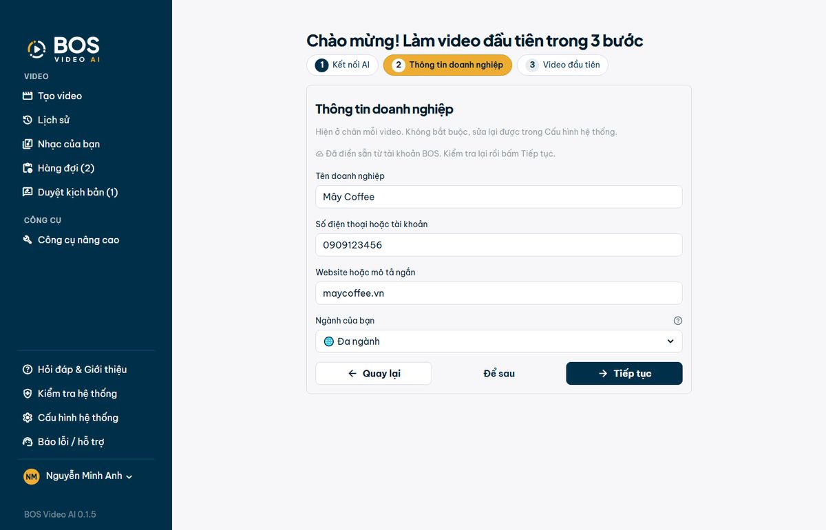 Trợ lý thiết lập, bước thông tin doanh nghiệp