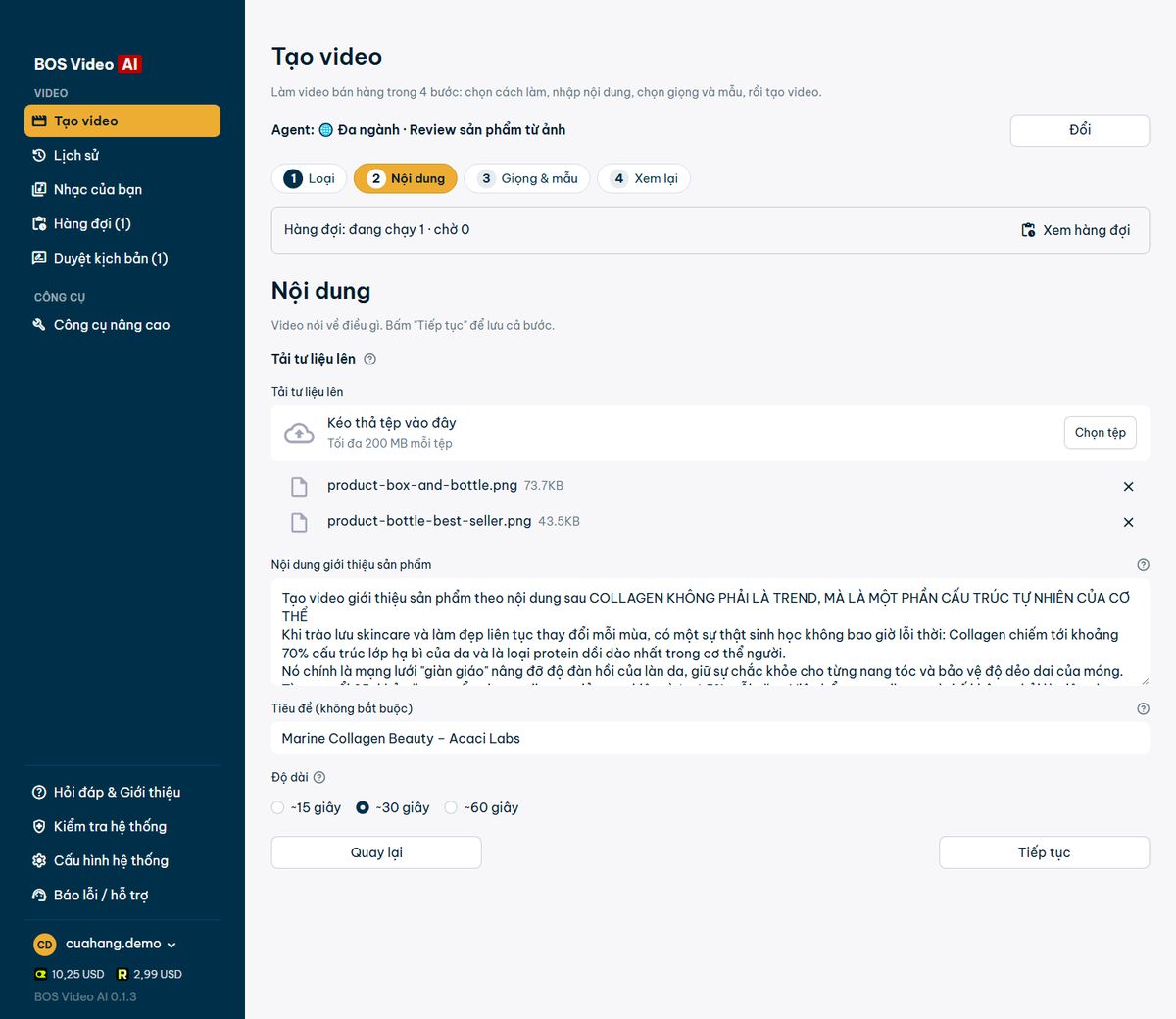 Content screen: paste a post, drop product photos