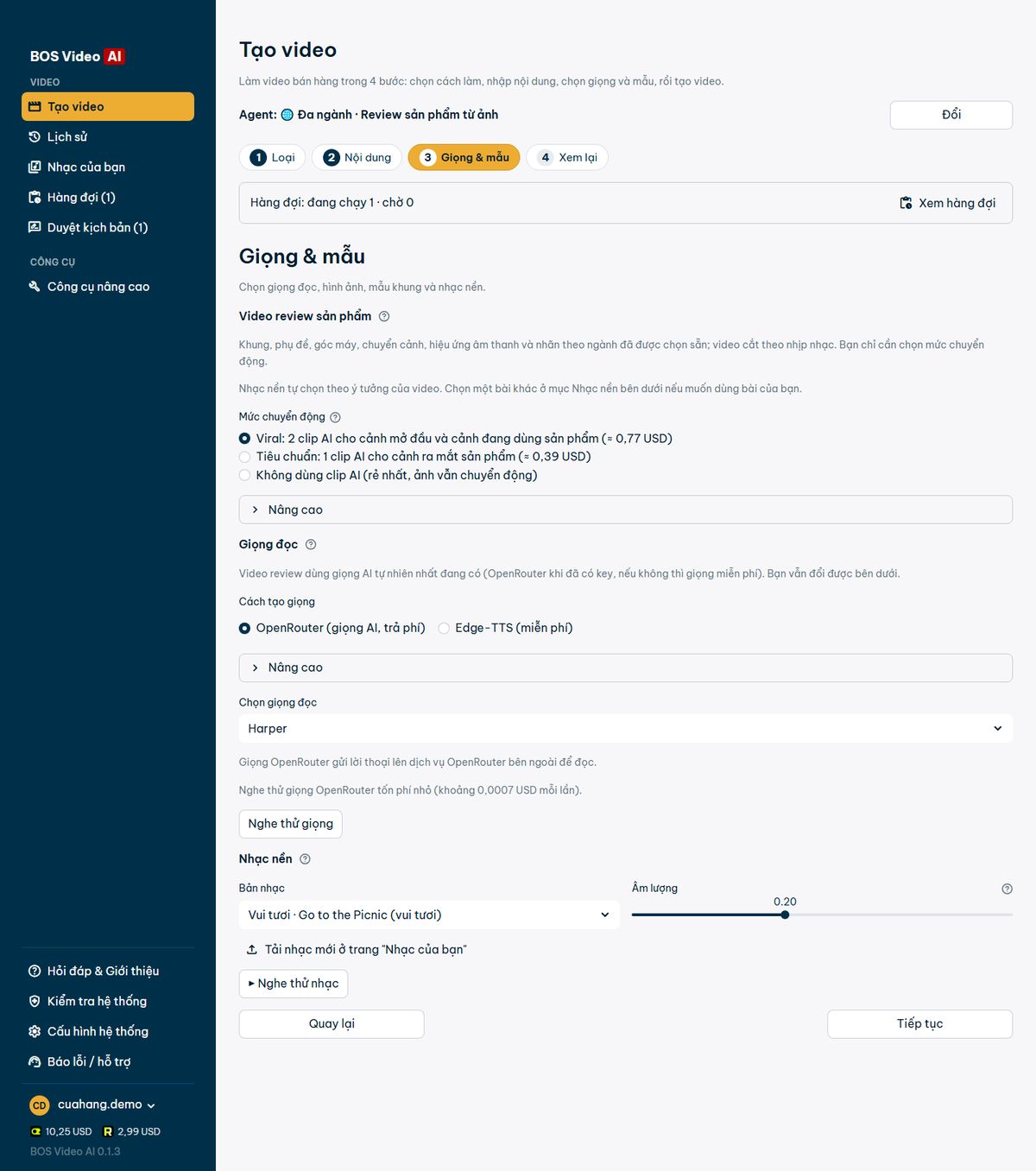 Settings screen: motion level, voice and music